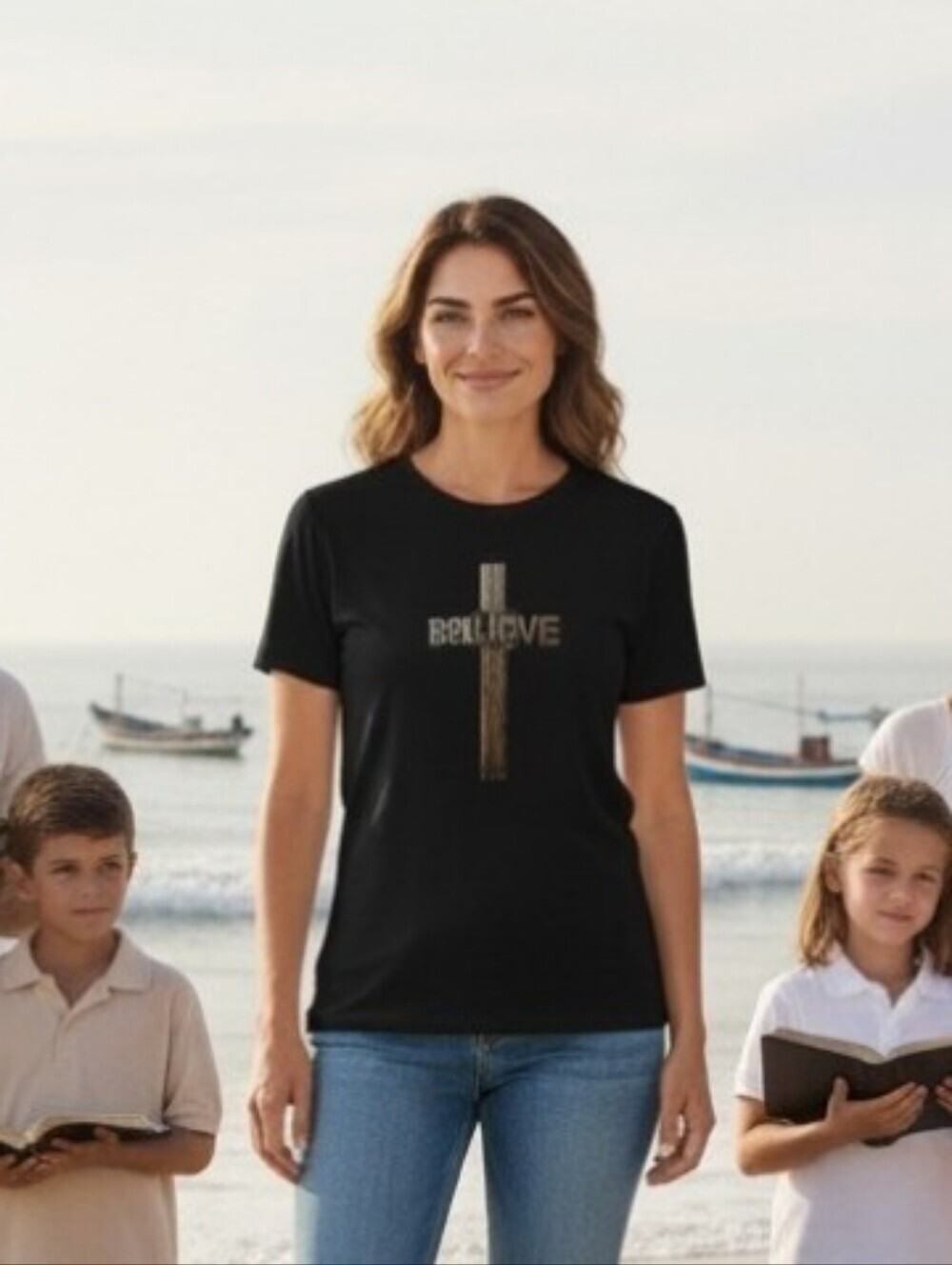 Access - NWOT Black Short Sleeve Cotton Christian Tees Wooden Cross Believe
